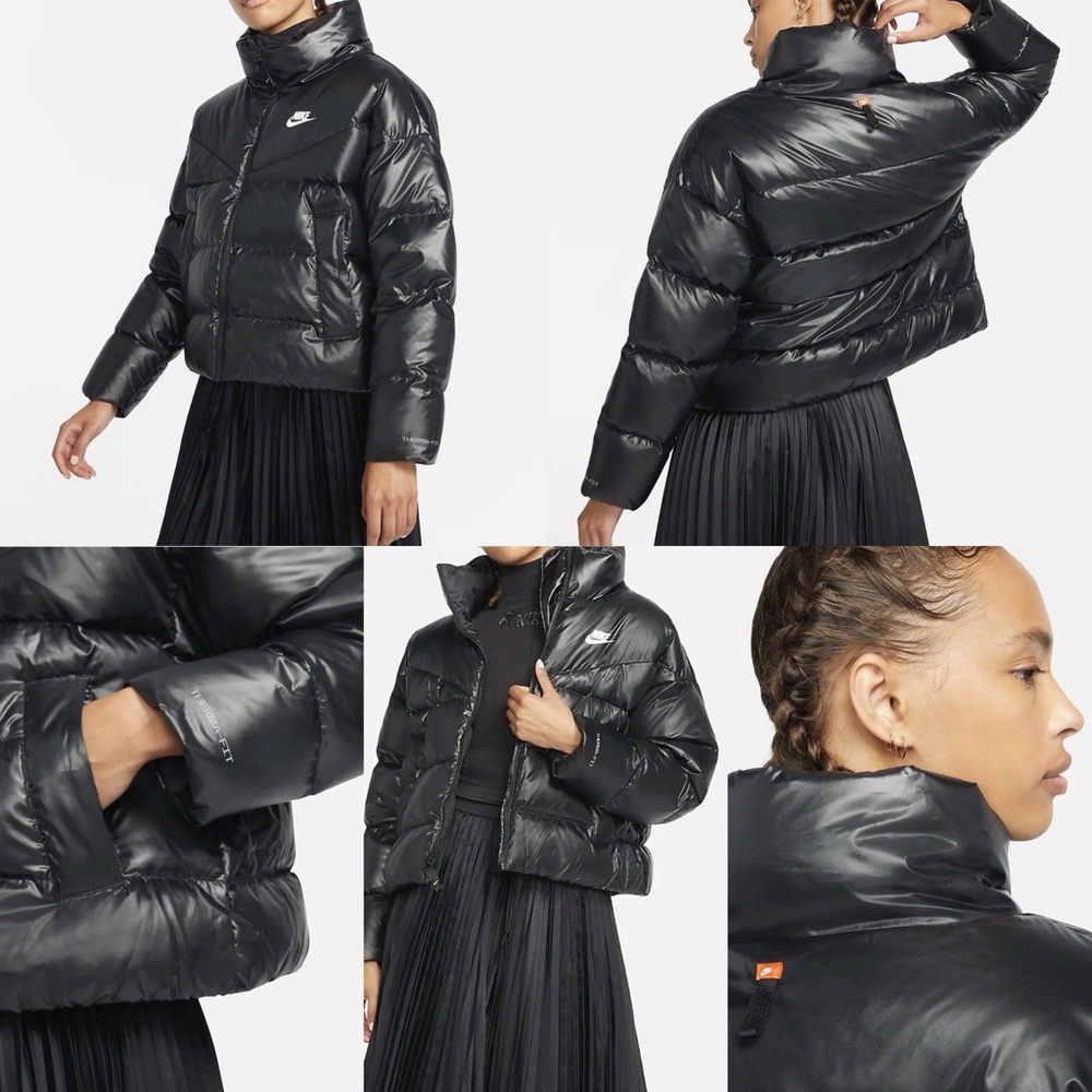 Nike Puffer Jacket Down Feather Semi Cropped Full Zip Up Oversized Black XS